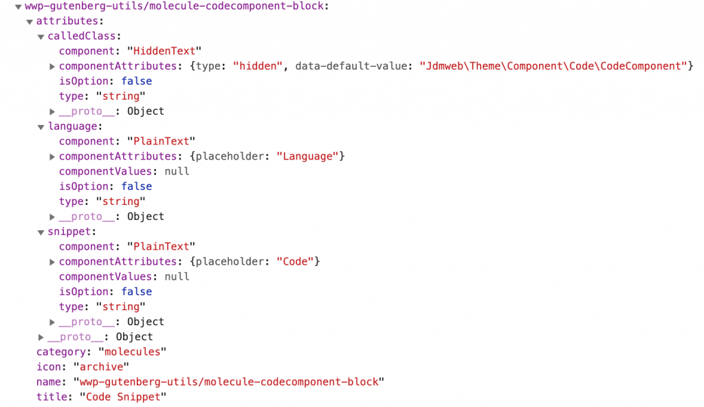 Screenshot of the data passed to the JavaScript by the addBlocksToJsConfig method (attributes, category, icon, name)